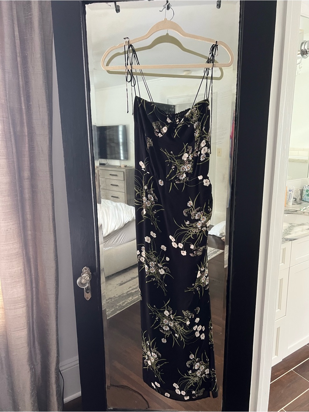 Reformation Black Floral Maxi Slip Dress with Tie Straps